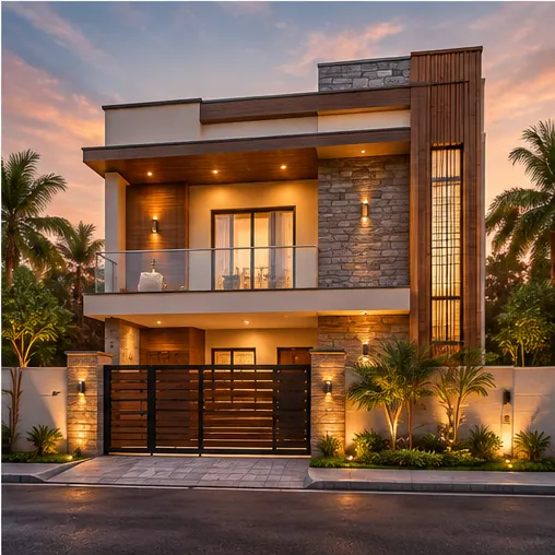 Modern home exterior at dusk