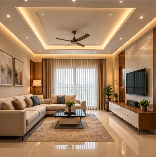 Layered false ceiling with warm concealed lighting concept