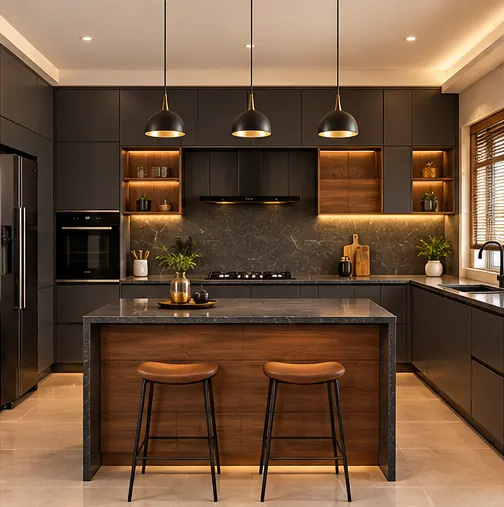 Luxury walnut and charcoal modular kitchen