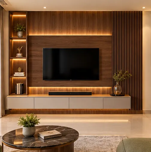 Walnut TV feature wall concept